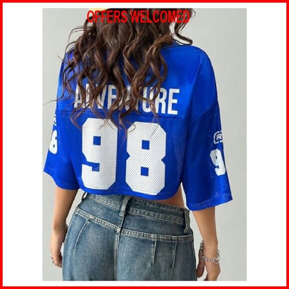 Women's Y2K Jersey Crop Top V-Neck Half Sleeve Graphic Tee Summer Shirt - Picture 4 of 7